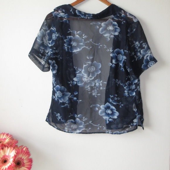 sheer floral dark navy blue short sleeve button up/ cover🌟 - Picture 4 of 10